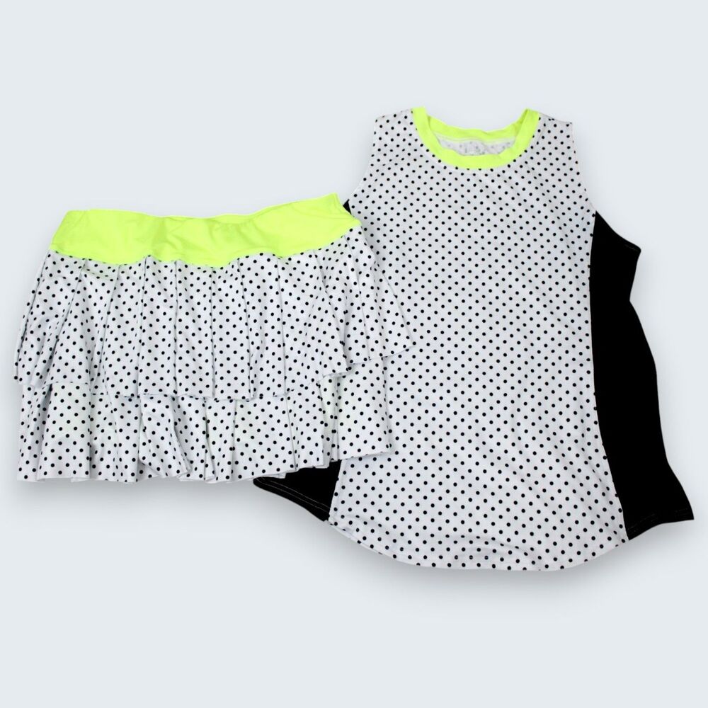 Jofit 2pc Tennis Golf Set Med Chartruese Black Polka Dot Tank & Tiered Skort